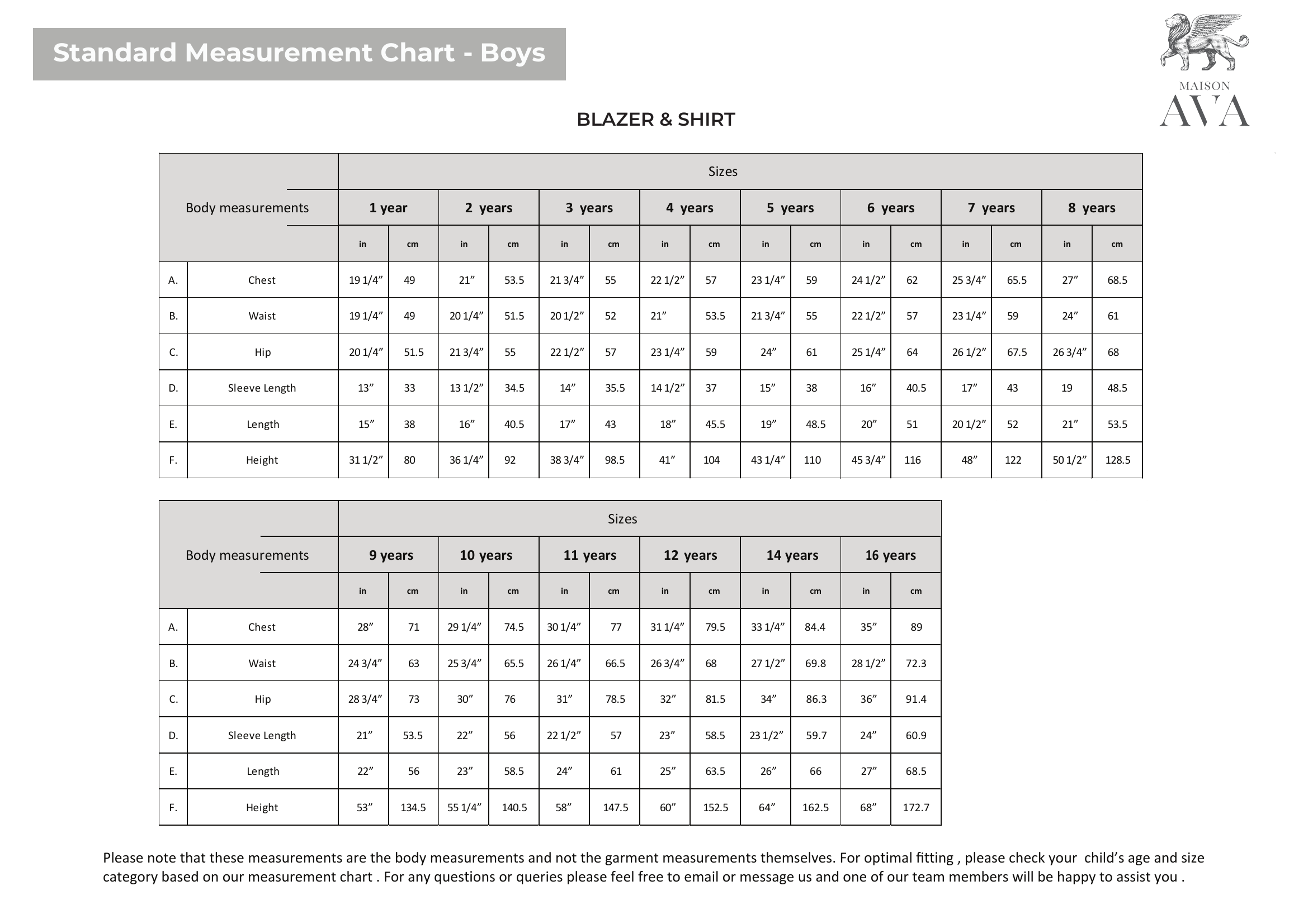 Boys measurement chart, blazer and shirt