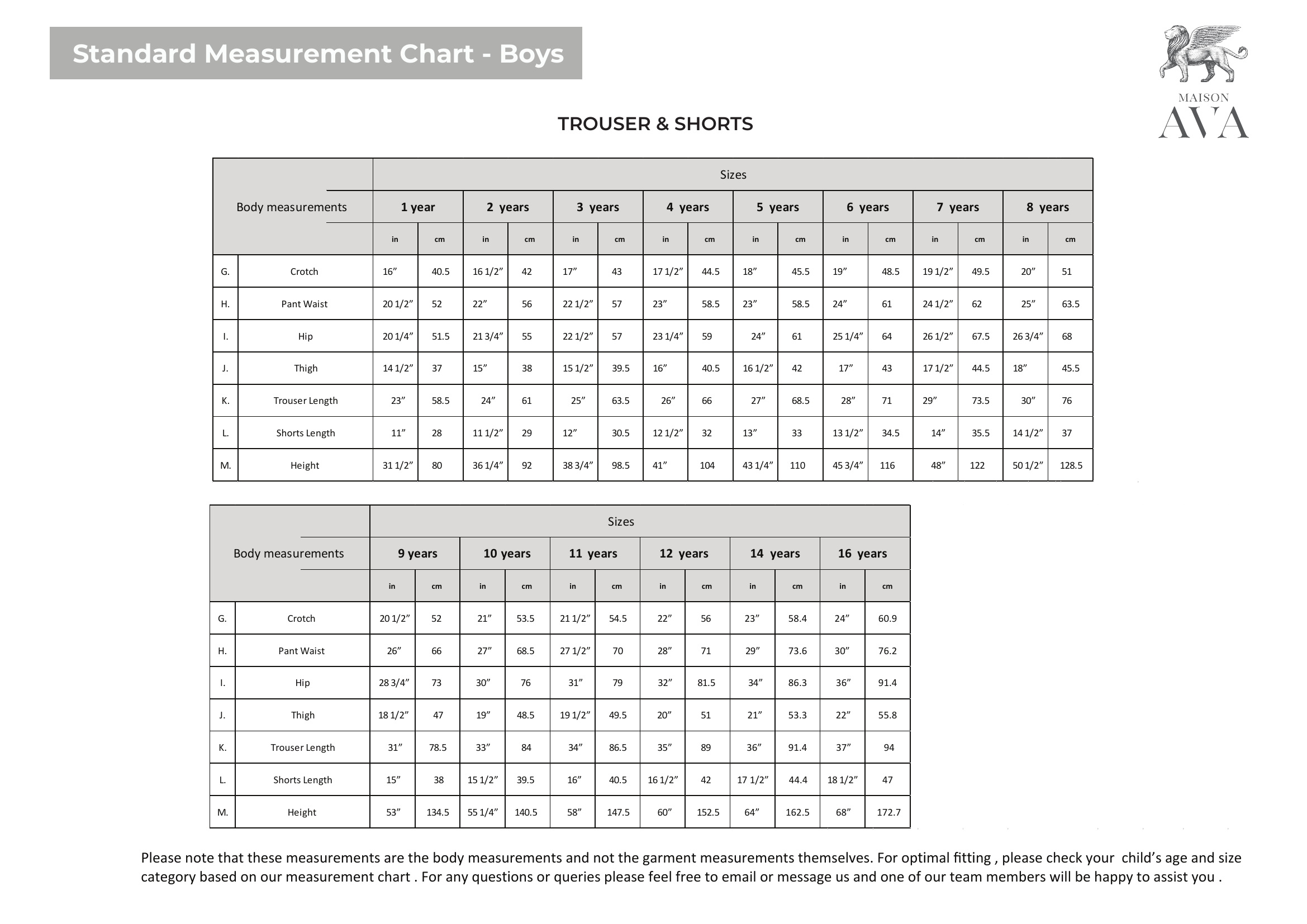 Boys measurement chart, trouser and shorts